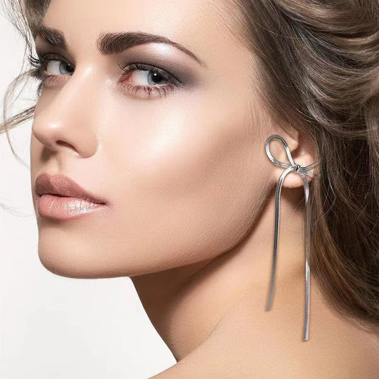 Women Fashion Simple Long Bowknot Chain Earrings