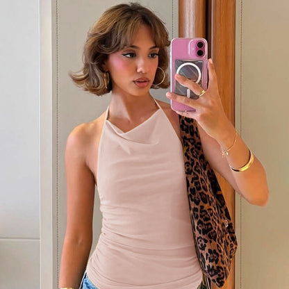 Women Solid Color Polyester Halter-Neck Tank Top