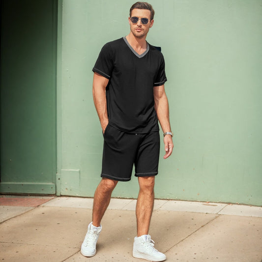 Men's Fashion Casual Contrast Color V-Neck T-Shirt and Shorts Set
