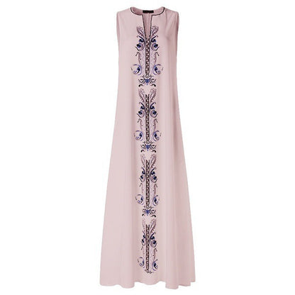 Vestido largo informal holgado con escote en V, sin mangas y estampado bohemio vintage para mujer