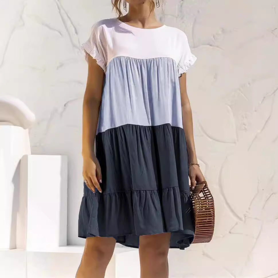Women Fashion Casual Color Block Round Neck Dress