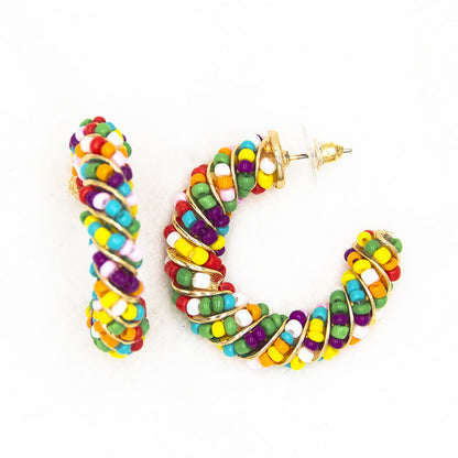 Bohemian Alloy Rice Beads C-Shaped Earrings