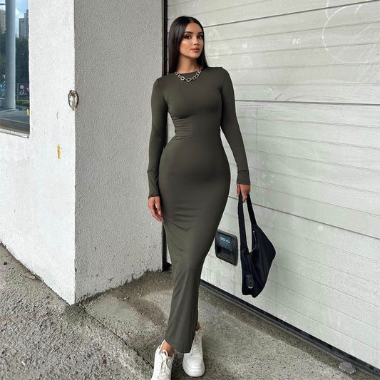 Women Solid Color Milk Fiber Long Sleeve Dress