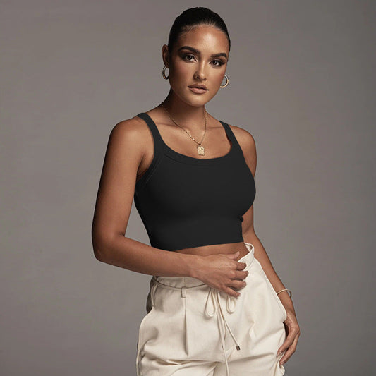 Women Fashion Casual Solid Color Threaded Knitted Sleeveless Crop Top