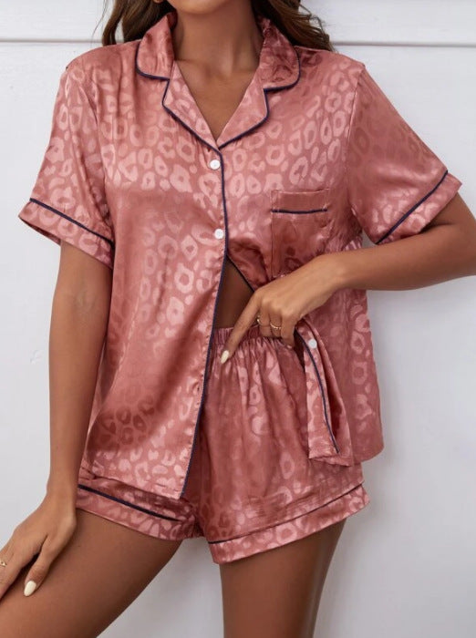 Women Cozy Homewear Short-Sleeved Imitation Silk Satin Pajamas