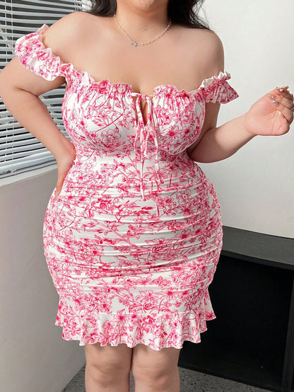 Vestido con cordones y hombros descubiertos, estampado, sexy, de talla grande, para mujer