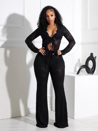 Conjunto de top de manga larga y pantalón ajustado con encaje calado para mujer