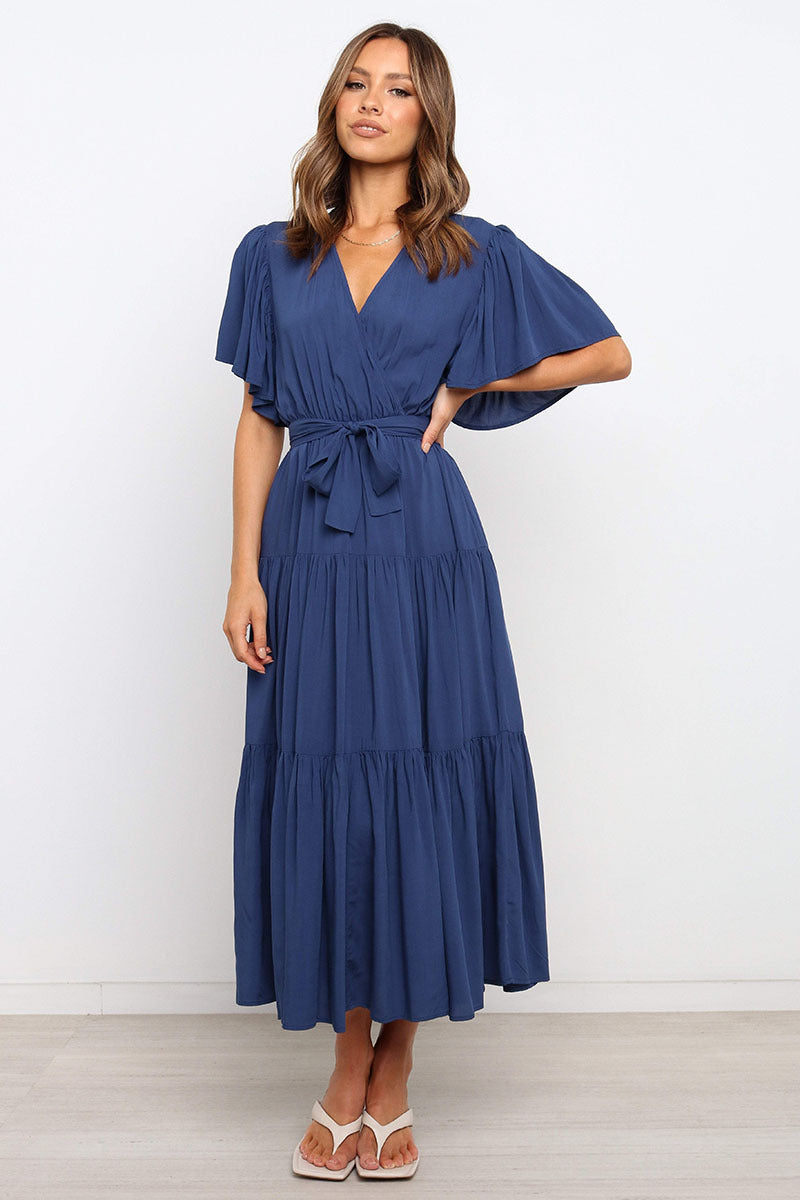 Summer Women Fashion Bohemian Style V-Neck Short Sleeve Maxi Dress