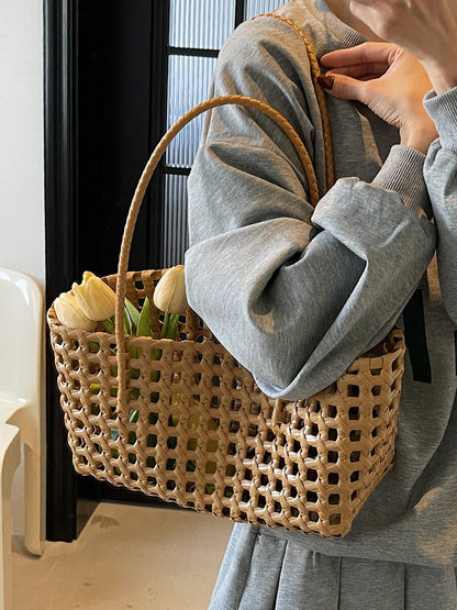 Bolso de mano informal de cesta de verduras tejida en color liso para mujer