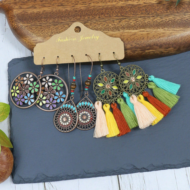 Conjunto de pendientes con borlas creativas retro de estilo étnico bohemio
