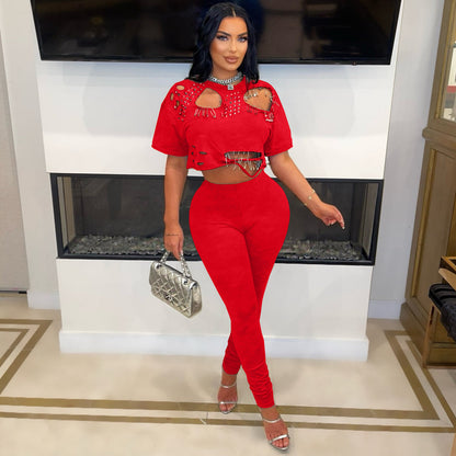 Women Fashion Creative Solid Color Round Neck T-Shirt Set