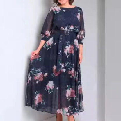 Women Fashion Casual Floral Printed Long Sleeve Loose Dress in Polyester