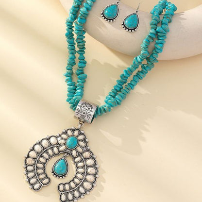Conjunto de pendientes y collar con colgante geométrico para mujer - Joyería retro floral turquesa