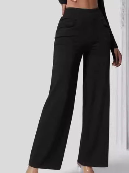 Women Fashion Casual Solid Color High Waist Wide Leg Jeans