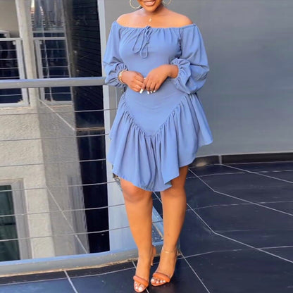 Women Fashion Solid Color Shoulder Long Sleeve Dress