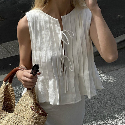 Spring And Summer Women Cotton Linen Lace-Up Blouse