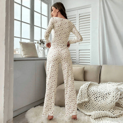 Women Casual Floral V-Neck Long Sleeve Pajama Set with Loose Pants