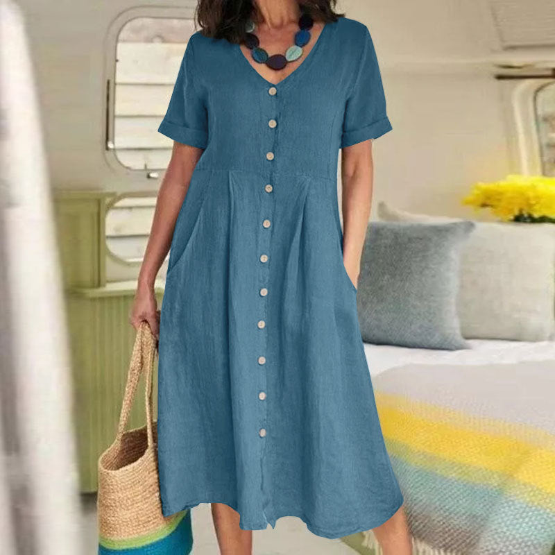 Robe midi taille haute en coton et lin, couleurs unies
