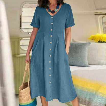 Robe midi taille haute en coton et lin, couleurs unies