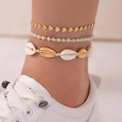 Conjunto de tobilleras tejidas con conchas marinas de estilo bohemio