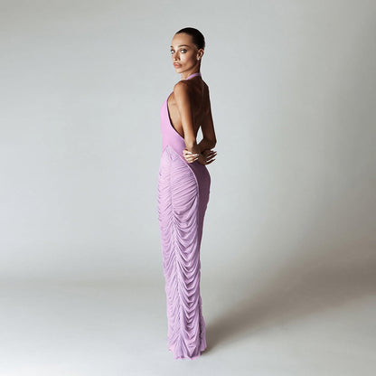 Vestido maxi ajustado de malla con escote en V profundo y color sólido sexy para mujer
