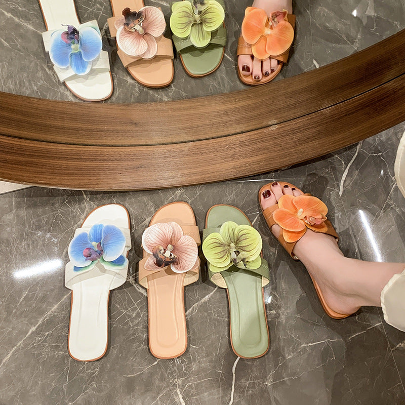 Women Summer Vacation Flower Decor Flat Slippers