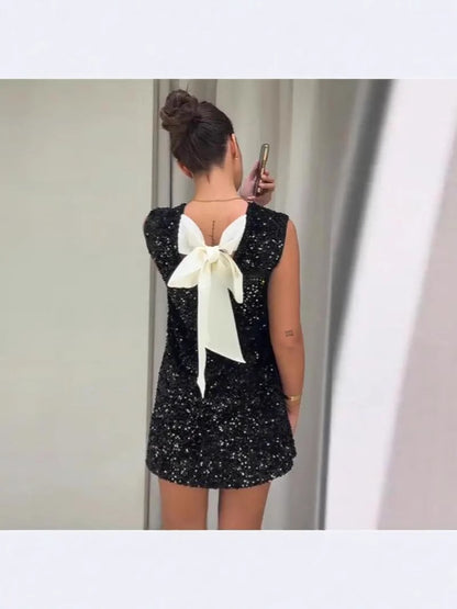 Vestido elegante sin mangas con cordones, lentejuelas y lazo para mujer