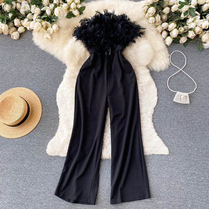Fashion Women Pink Feather Strapless Summer Jumpsuit