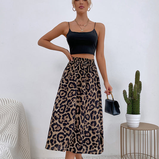 Falda holgada con estampado de leopardo y gasa para mujer