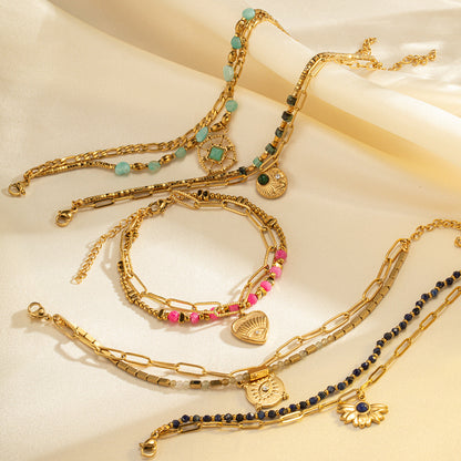 Pulsera bohemia de cuentas de acero y titanio de doble capa