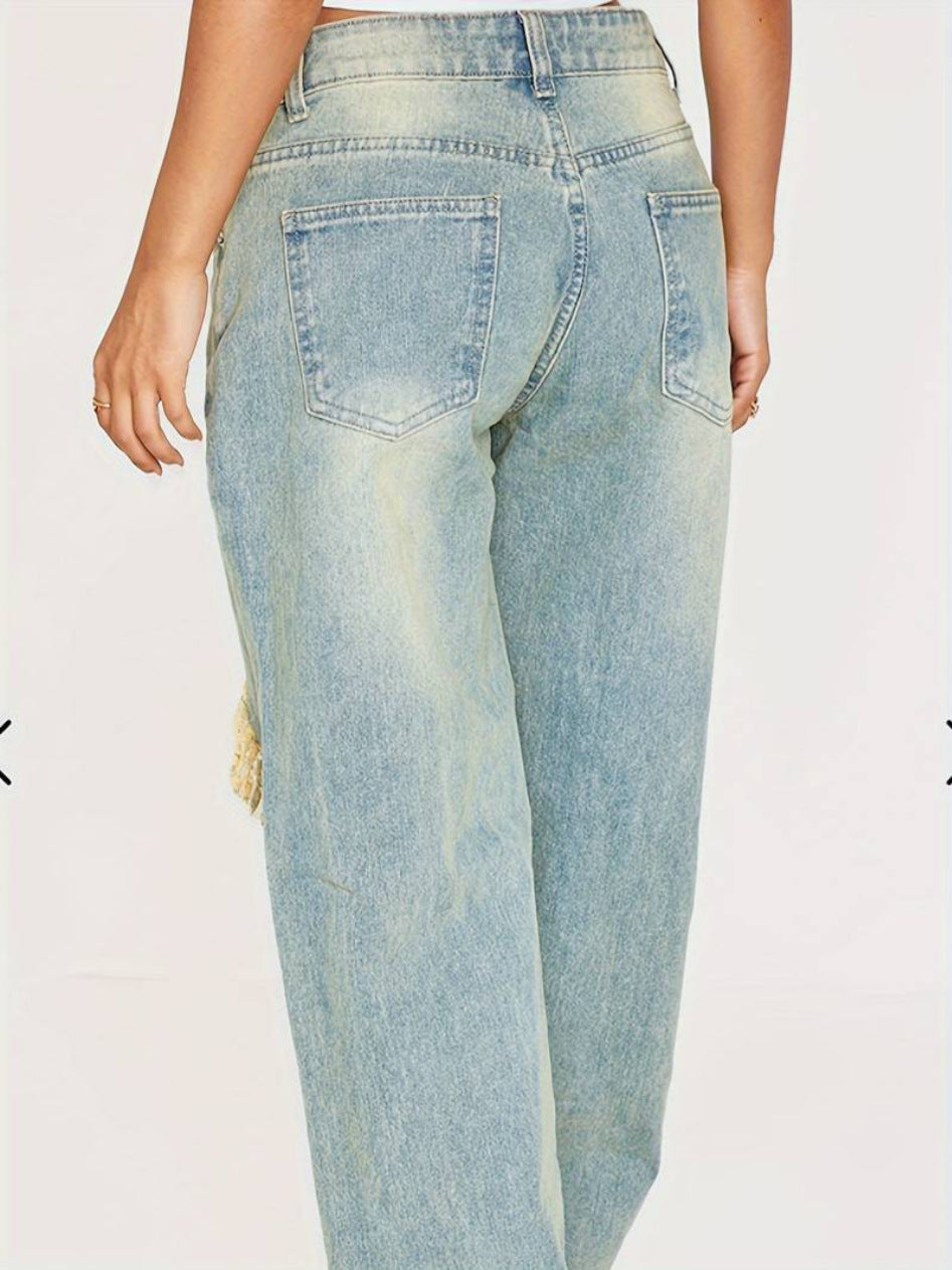 Women Fashion Low Waist Ripped Straight Jeans