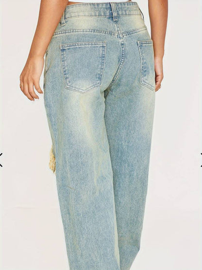 Women Fashion Low Waist Ripped Straight Jeans