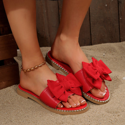 Pantuflas con lazo rojo para mujer - Zapatos planos informales con PU artificial