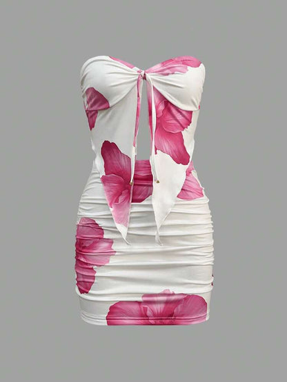 Ensemble d'été pour femme, haut tube à lacets et mini-jupe à imprimé floral