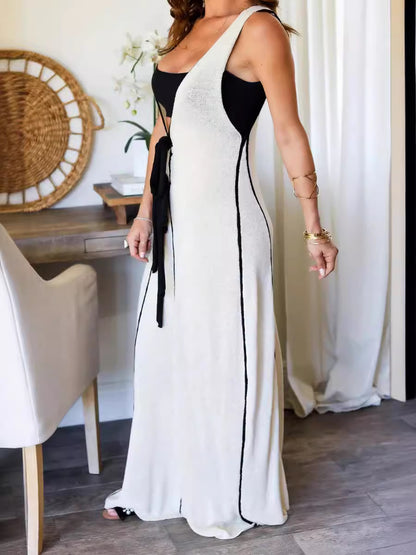 Women Fashion Sexy Contrast Color V Neck Sleeveless Lace Up Long Dress