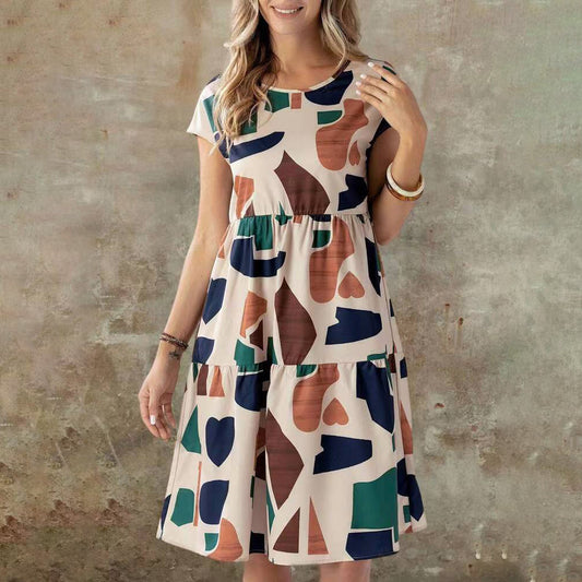 Vestido casual de manga corta estampado para mujer, hecho de poliéster.