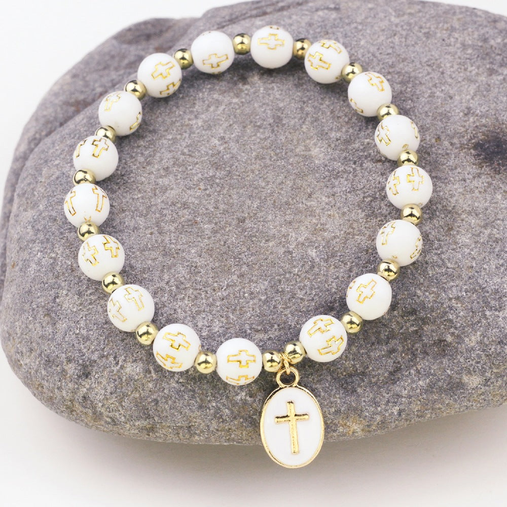 Pulsera de cuentas con colgante de cruz ovalada de moda para mujer