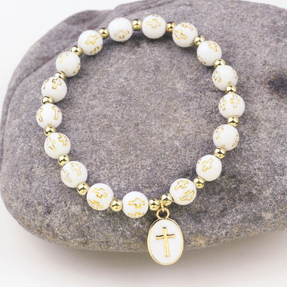 Pulsera de cuentas con colgante de cruz ovalada de moda para mujer