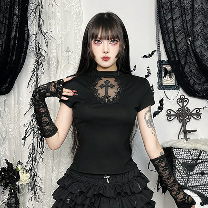 Women Fashion Sexy Gothic Cross Lace T-Shirt
