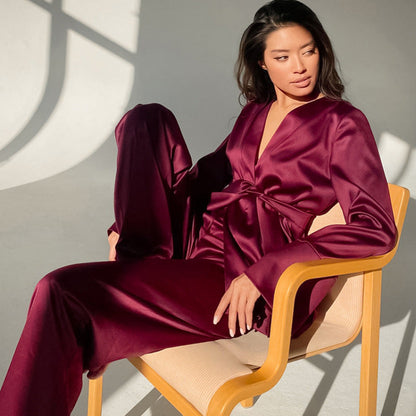 Women Fashion Loose Ice Silk Comfortable Long Sleeve Pajamas Set
