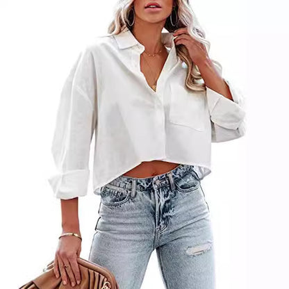 Blusa corta informal de algodón de manga larga de color liso para mujer
