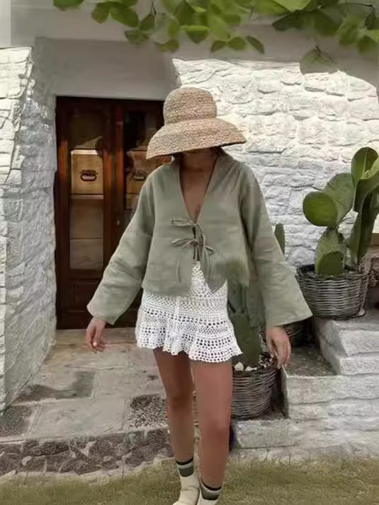 Women Vacation Deep V Neck Flare Sleeve Blouse