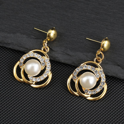 Women Fashion Elegant Alloy Plating Pearl Zircon Earrings Necklace Set