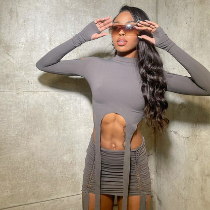 Women Fashion Sexy Solid Color Ripped Two-Piece Set