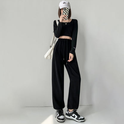 Pantalones deportivos casuales de cintura alta con cordón de color sólido para mujer