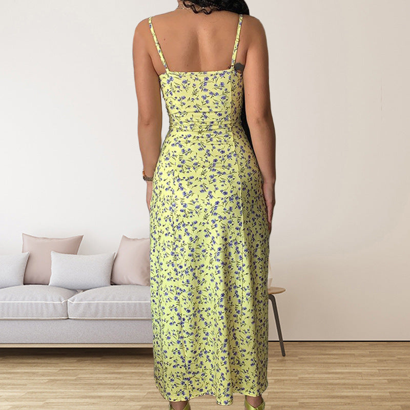 Robe d'été fendue à petites fleurs pour femme