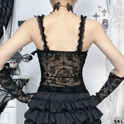Top de tirantes de encaje gótico oscuro sexy para mujer
