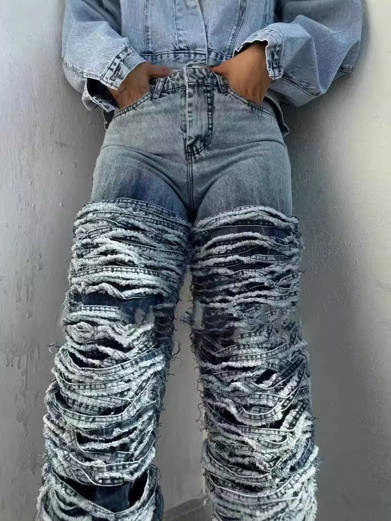 Women Fashion Edge Ripped Jeans Dark Blue Straight Leg Pants