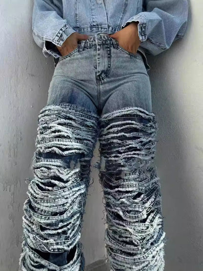 Women Fashion Edge Ripped Jeans Dark Blue Straight Leg Pants