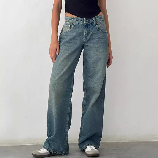 Women Casual Wide Leg Denim Pants with Micro-Design